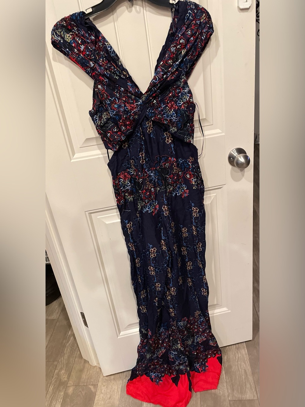 Fashion Nova Navy Floral Off-Shoulder Jumpsuit with Red Accent - Picture 3 of 6